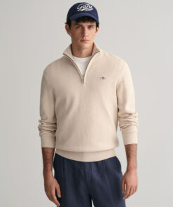 Gant Structure Cotton Half Zip Knit Soft Oat