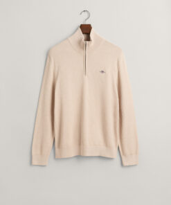 Gant Structure Cotton Half Zip Knit Soft Oat