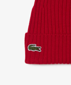 Lacoste Rib Knit Brushed Wool Beanie Red