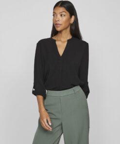 Vila Josa Turn-up V-neck Top Black