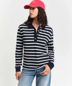 Gant Woman Breton Stripe Ls Pique Polo Evening Blue