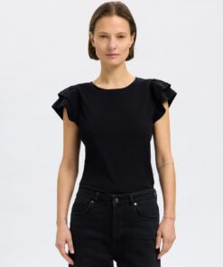 Selected Femme Camila Ruffle Tee Black