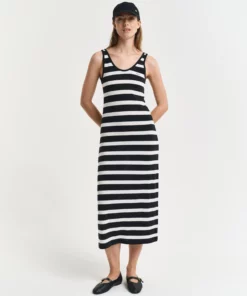 Gant Woman Striped Tank Top Jersey Midi Dress Black