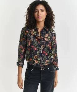 Gant Woman Reg Floral Cotton Silk Shirt Evening Blue