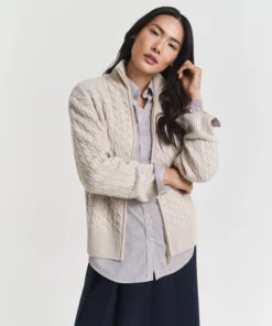 Gant Woman Cable Knit Zip Cardigan Seed Melange