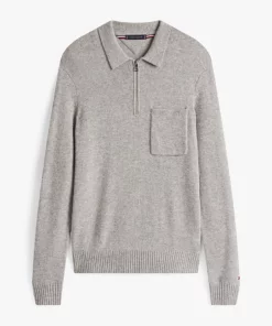 Tommy Hilfiger Pure Lambswool Zip Placket Polo Jumper Light Grey Heather