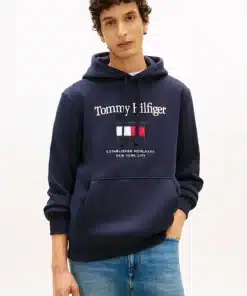 Tommy Hilfiger Logo Embroidery Flex Fleece Hoody Navy Blue