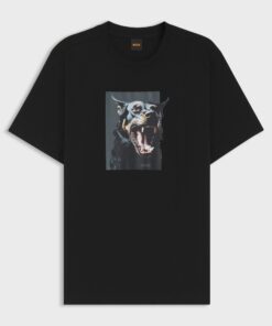 Cotton Jersey T-Shirt with Animal Artwork Black