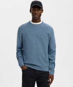 Selected Men Slmross Ls Knit Structure Crew Neck Blu Mirage