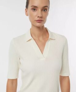 Comma, Soft Polo Shirt With Ribbed Structure Cream