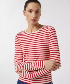 Comma, Striped Viscose Blend Long Sleeve Shirt With Embroidery Red