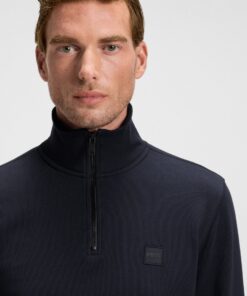 Boss Cotton Terry Sweatshirt with Zip Collar Dark Blue